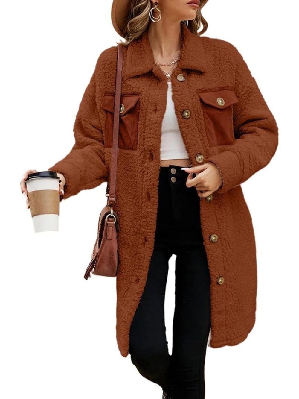 Women's Orange 100% Polyester Warm Faux Fuzzy Fleece Button Down Long Teddy Coat